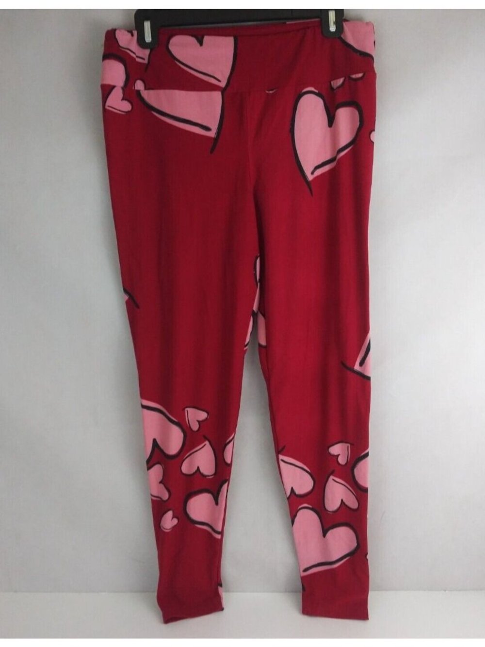 LuLaRoe Disney Tall & Curvy Leggings Red With Outlined Pink Heart Designs